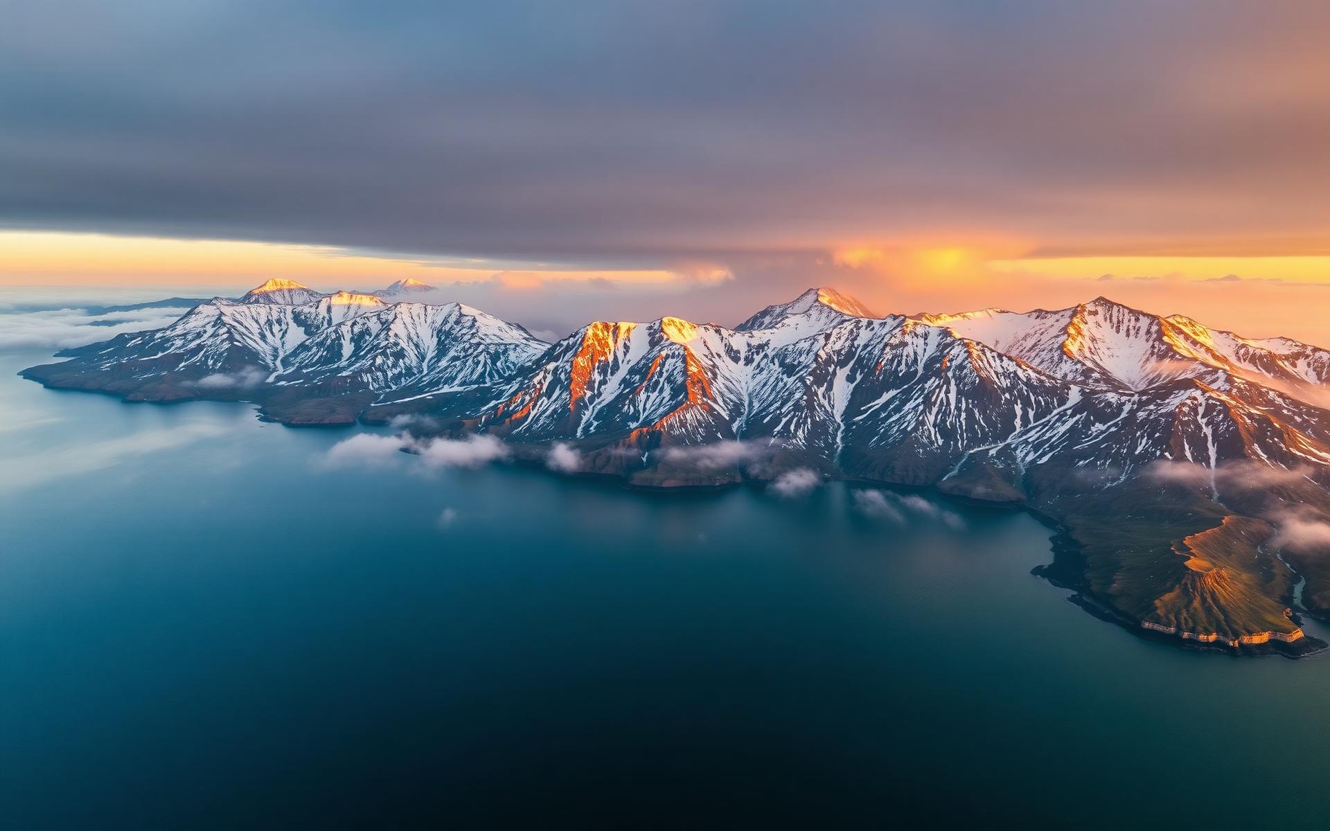 Snow-dusted mountains rising over Izembek Lagoon at golden hour