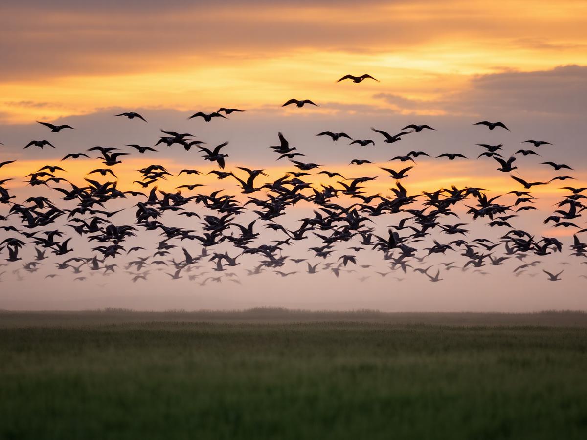 Flock of brant geese at sunrise